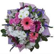 Букет із 5 гербер, 7 троянд, 5 альстромерій і 5 хризантем
