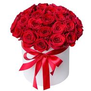 35 red roses in a round box