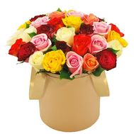 Bouquet of multicolored roses in a box