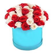 Red and white roses in a box