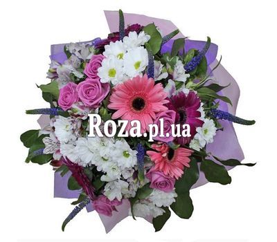 Букет із 5 гербер, 7 троянд, 5 альстромерій і 5 хризантем Букет із 5 гербер, 7 троянд, 5 альстромерій і 5 хризантем
