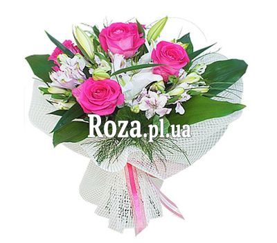Букет із 1 лілії, 5 альстромерій і 5 троянд Букет із 1 лілії, 5 альстромерій і 5 троянд