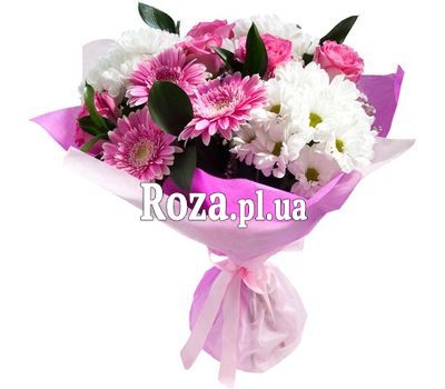 Букет із 3 гербер, 5 троянд і 3 хризантем Букет із 3 гербер, 5 троянд і 3 хризантем