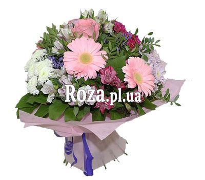 Букет із 3 гербер, 3 хризантеми, 3 троянди і 5 альстромерій Букет із 3 гербер, 3 хризантеми, 3 троянди і 5 альстромерій