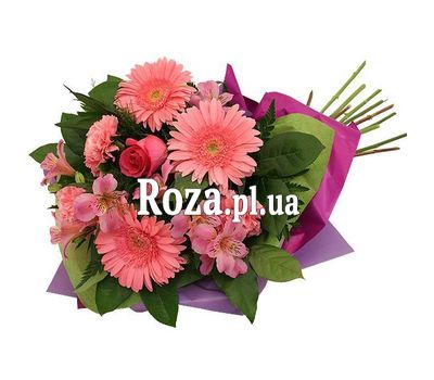 Букет із 3 гербер, 3 альстромерій і 1 троянди Букет із 3 гербер, 3 альстромерій і 1 троянди