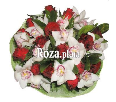 Букет із 14 троянд і 11 орхідей Букет із 14 троянд і 11 орхідей