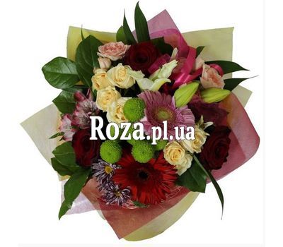 Букет із 6 троянд, 1 лілії, 2 гербер Букет із 6 троянд, 1 лілії, 2 гербер