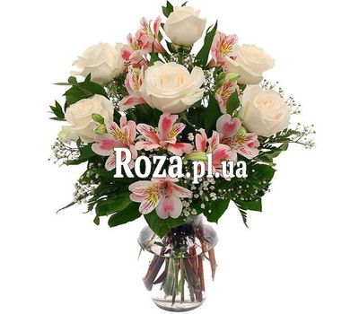 Букет із 7 троянд і 4 альстромерій Букет із 7 троянд і 4 альстромерій
