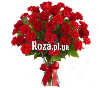 Букет із 12 троянд і 15 гвоздик Букет із 12 троянд і 15 гвоздик