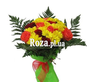 Букет із 9 троянд і 6 хризантем Букет із 9 троянд і 6 хризантем