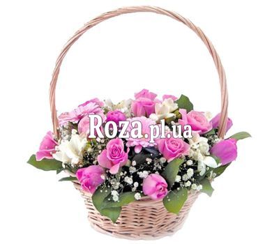Кошик з троянд, гербер та тюльпанів Кошик з троянд, гербер та тюльпанів